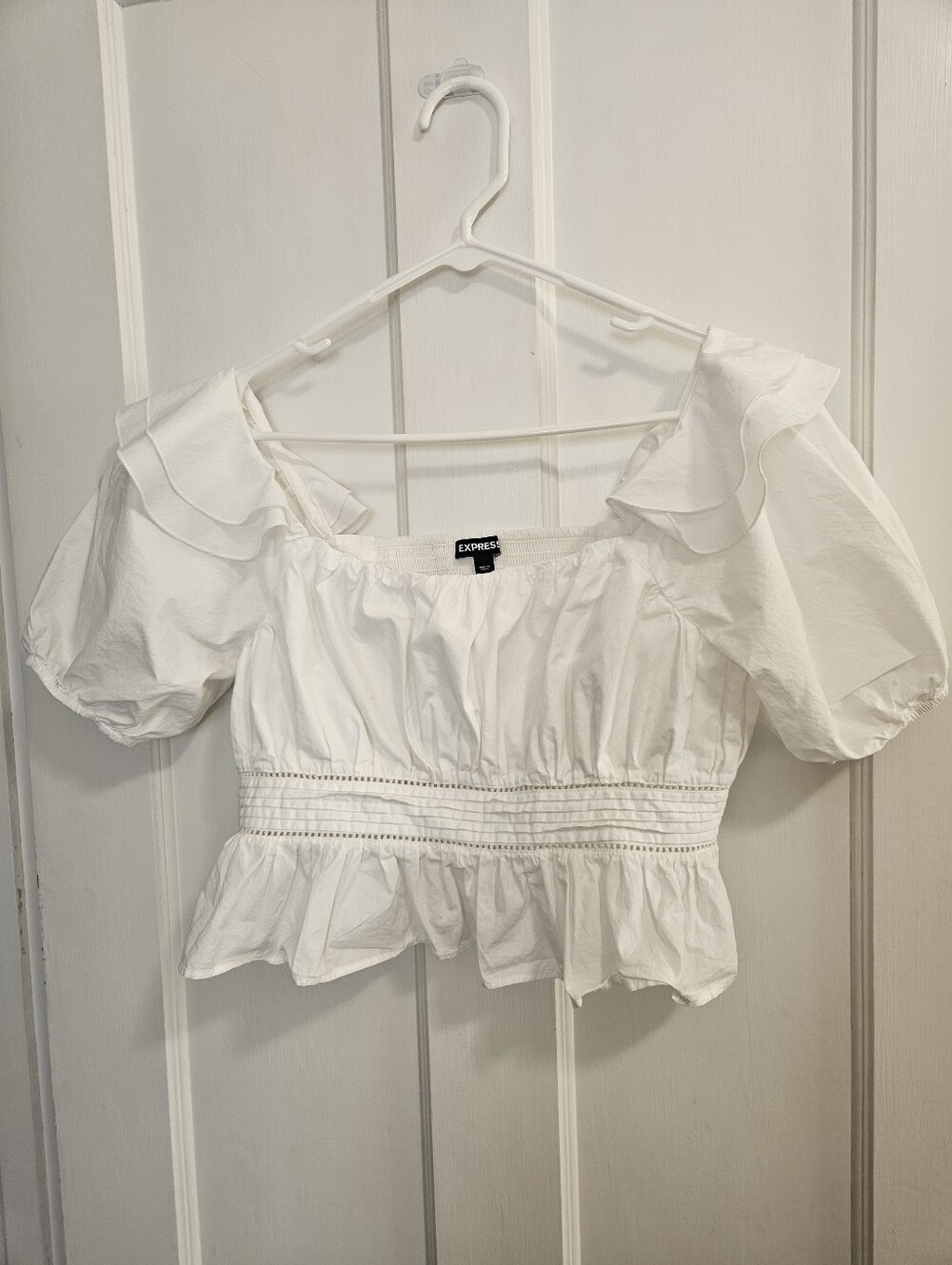 Express White Puff Sleeve Smocked Peplum Crop Top